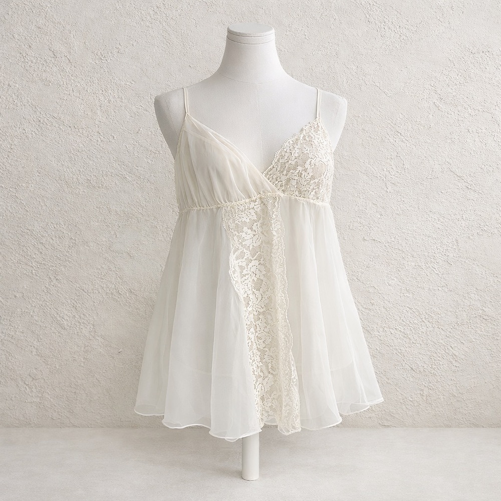 Vintage Victoria’s Secret Gold Label Ivory Lace Chiffon Babydoll Slip Dress M